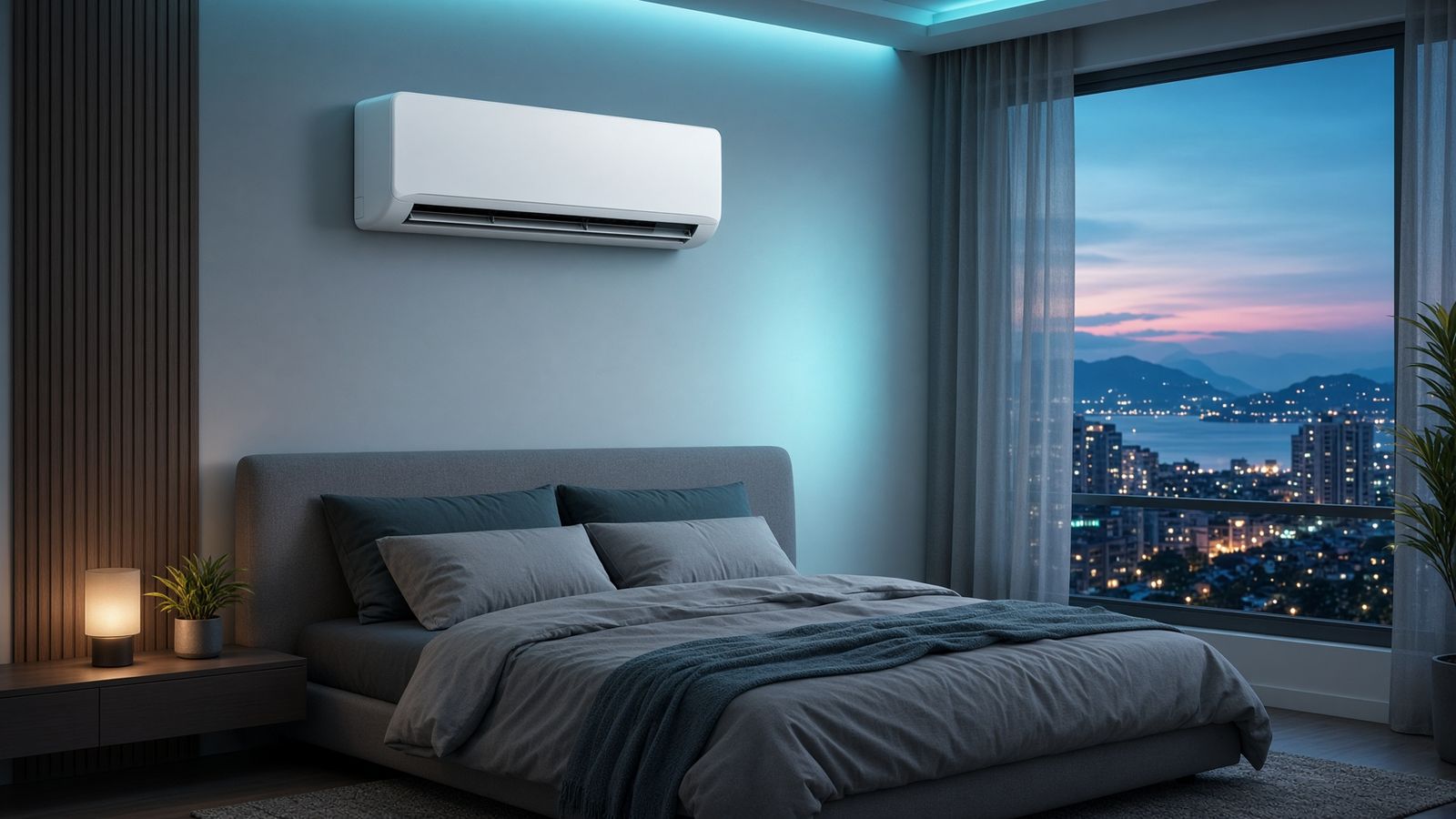 Puti nga split-type aircon sa pader sa kwarto sa gabii, ang bintana nagpakita sa siyudad ug dagat