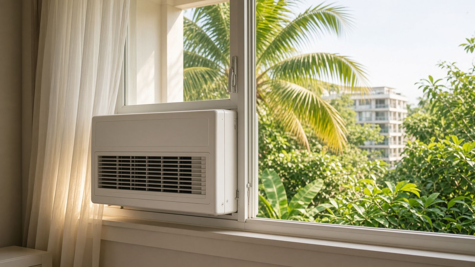 Window-type aircon nga naka-install sa bintana, naay lubi ug building sa gawas