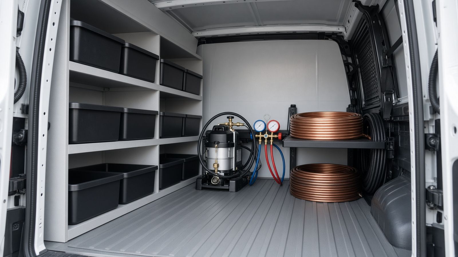 Sulod sa service van: estante, vacuum pump, manifold gauges ug rolyo sa copper tubing